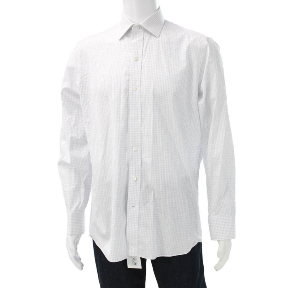 Ledbury Mens Window Pane Plaid Button Down Shirt White Blue Cotton Size 15.5 39
